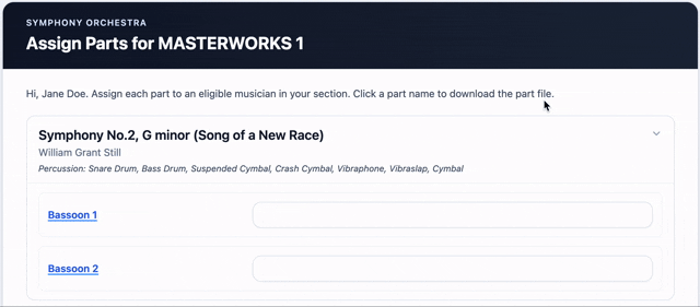 Principal assigning musicians to parts in PartHero