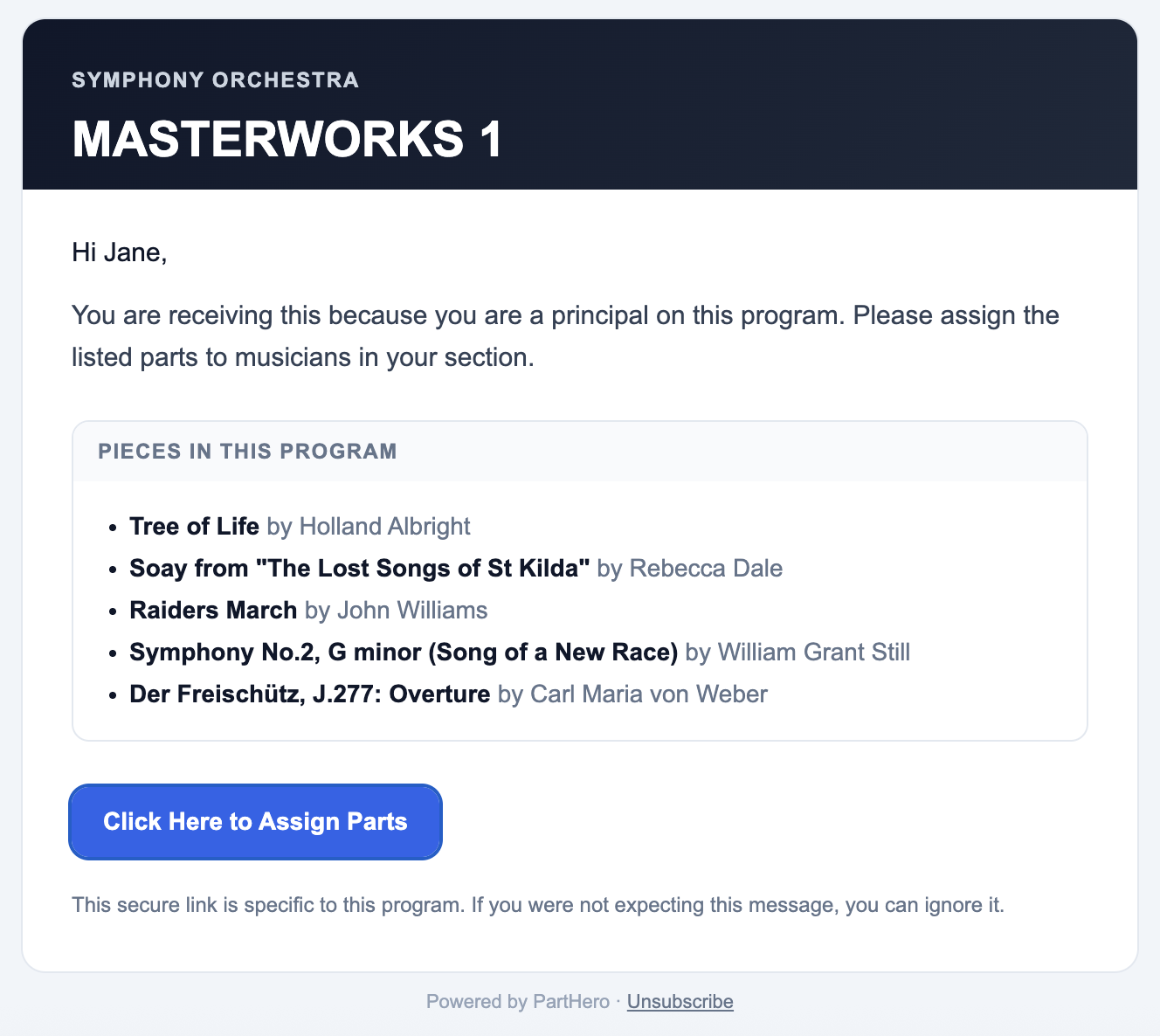Secure PartHero email inviting a principal to assign parts