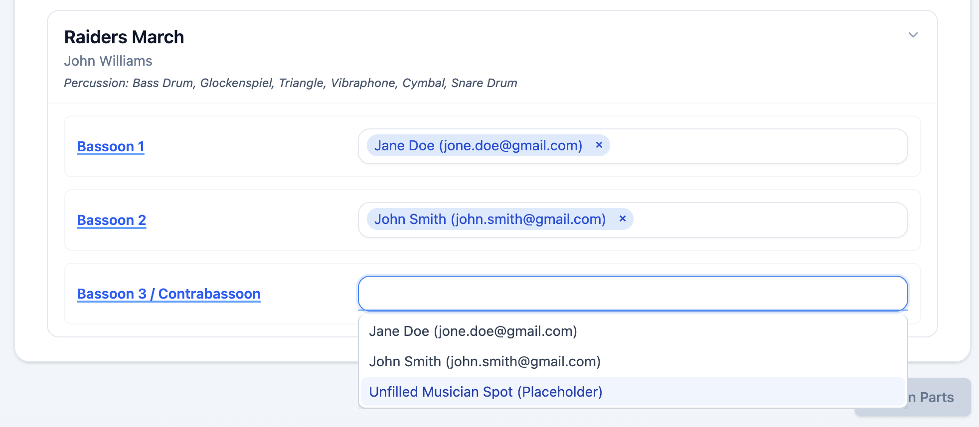 Assigning musicians and an unfilled roster spot to orchestral parts