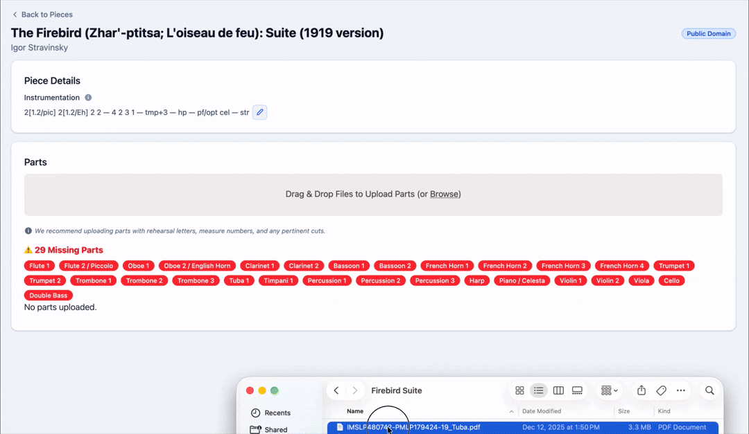 Uploading and identifying orchestral part files in PartHero